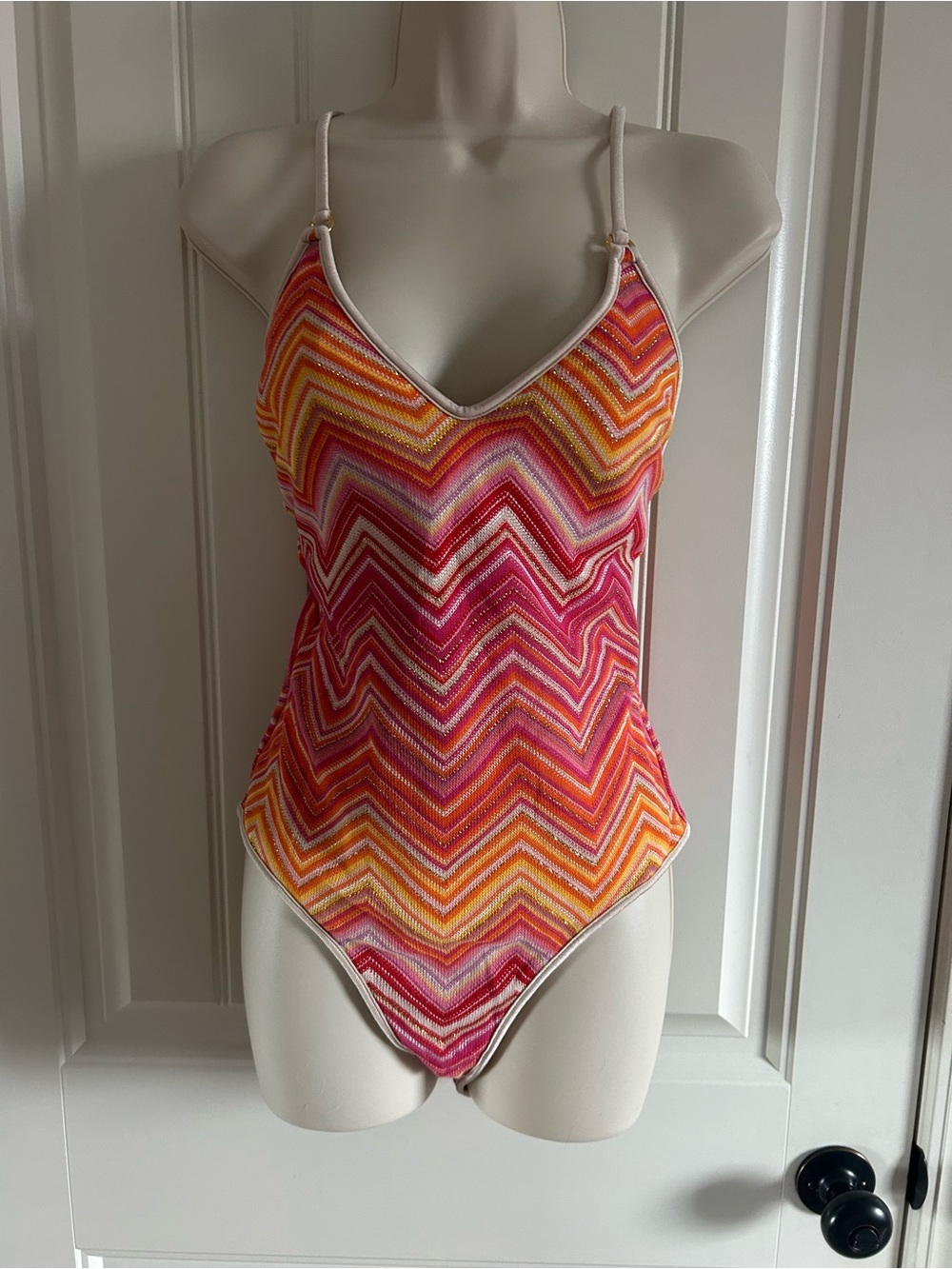 NWT PQ Swim Pink, Orange & Yellow Chevron One-Piece Crochet Look Sz L